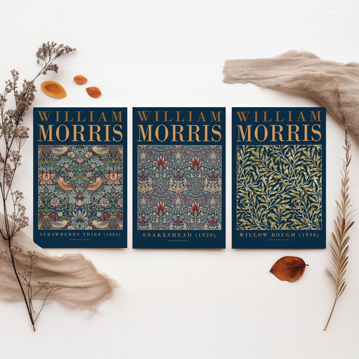 William Morris Snakeshead Set of Three Art Prints - Strawberry Thief, Willow Bough - Navy Gold Museum Poster Illustration