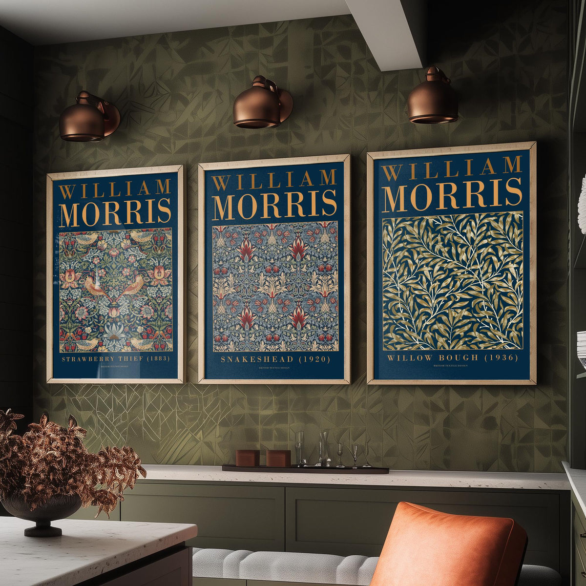 William Morris Snakeshead Set of Three Art Prints - Strawberry Thief, Willow Bough - Navy Gold Museum Poster Illustration