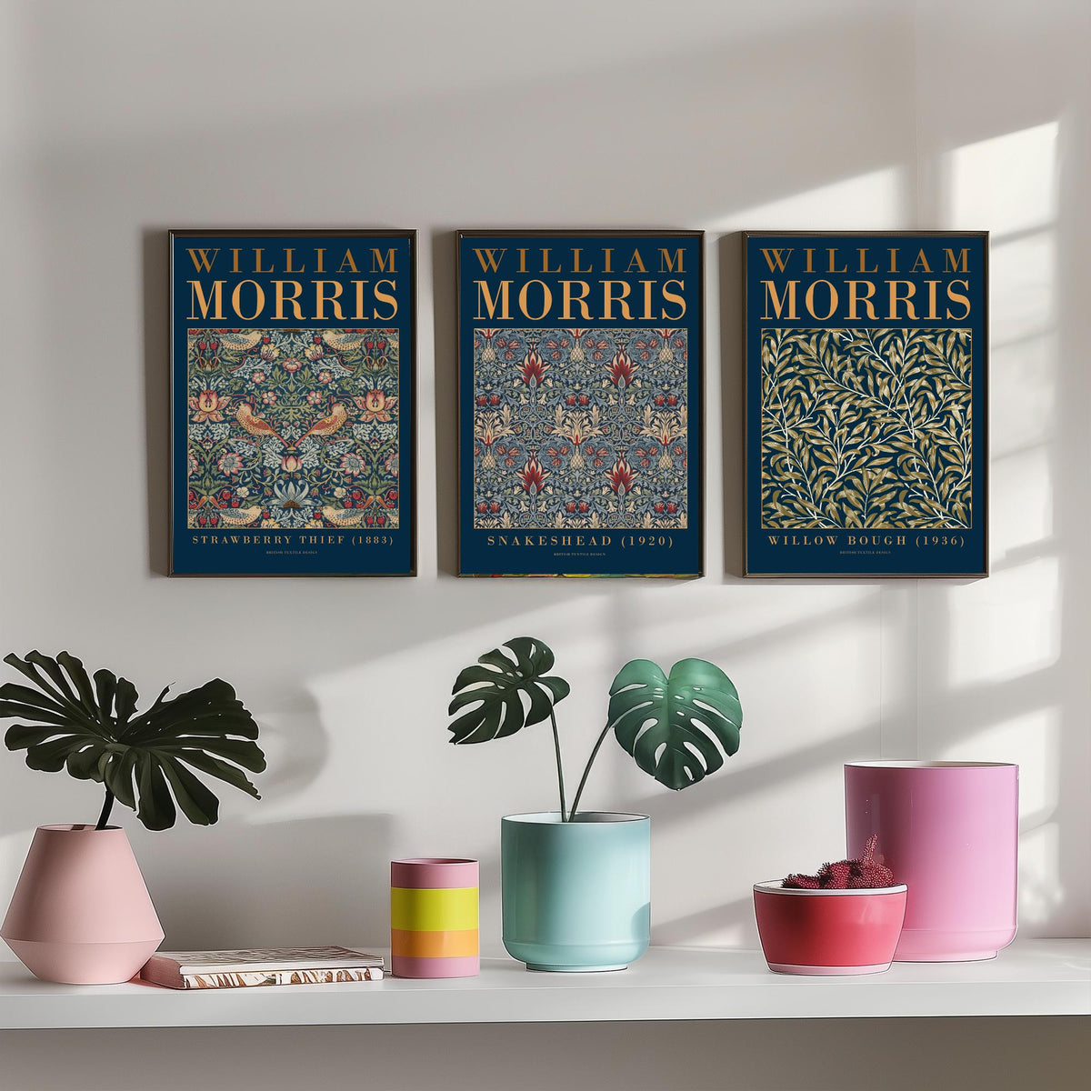 William Morris Snakeshead Set of Three Art Prints - Strawberry Thief, Willow Bough - Navy Gold Museum Poster Illustration