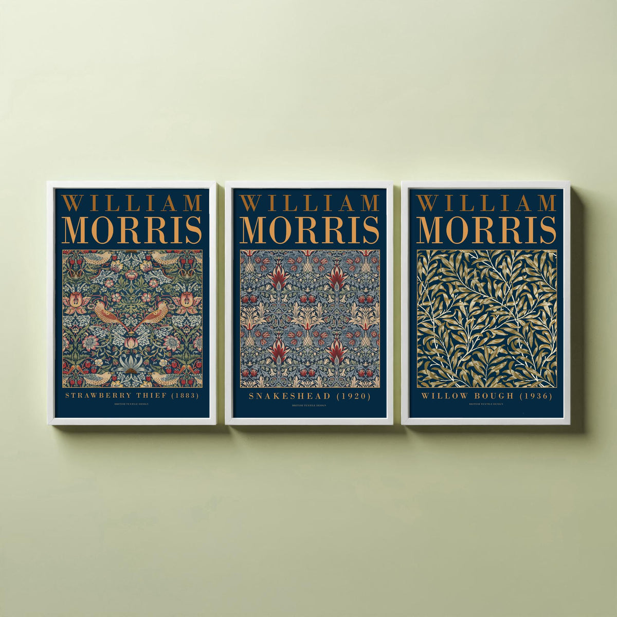William Morris Snakeshead Set of Three Art Prints - Strawberry Thief, Willow Bough - Navy Gold Museum Poster Illustration