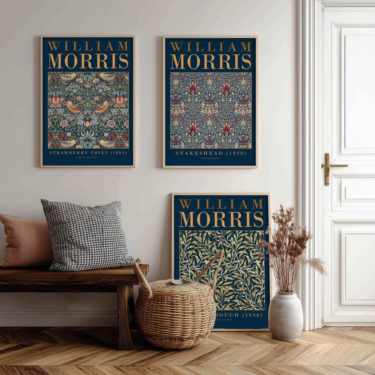 William Morris Snakeshead Set of Three Art Prints - Strawberry Thief, Willow Bough - Navy Gold Museum Poster Illustration