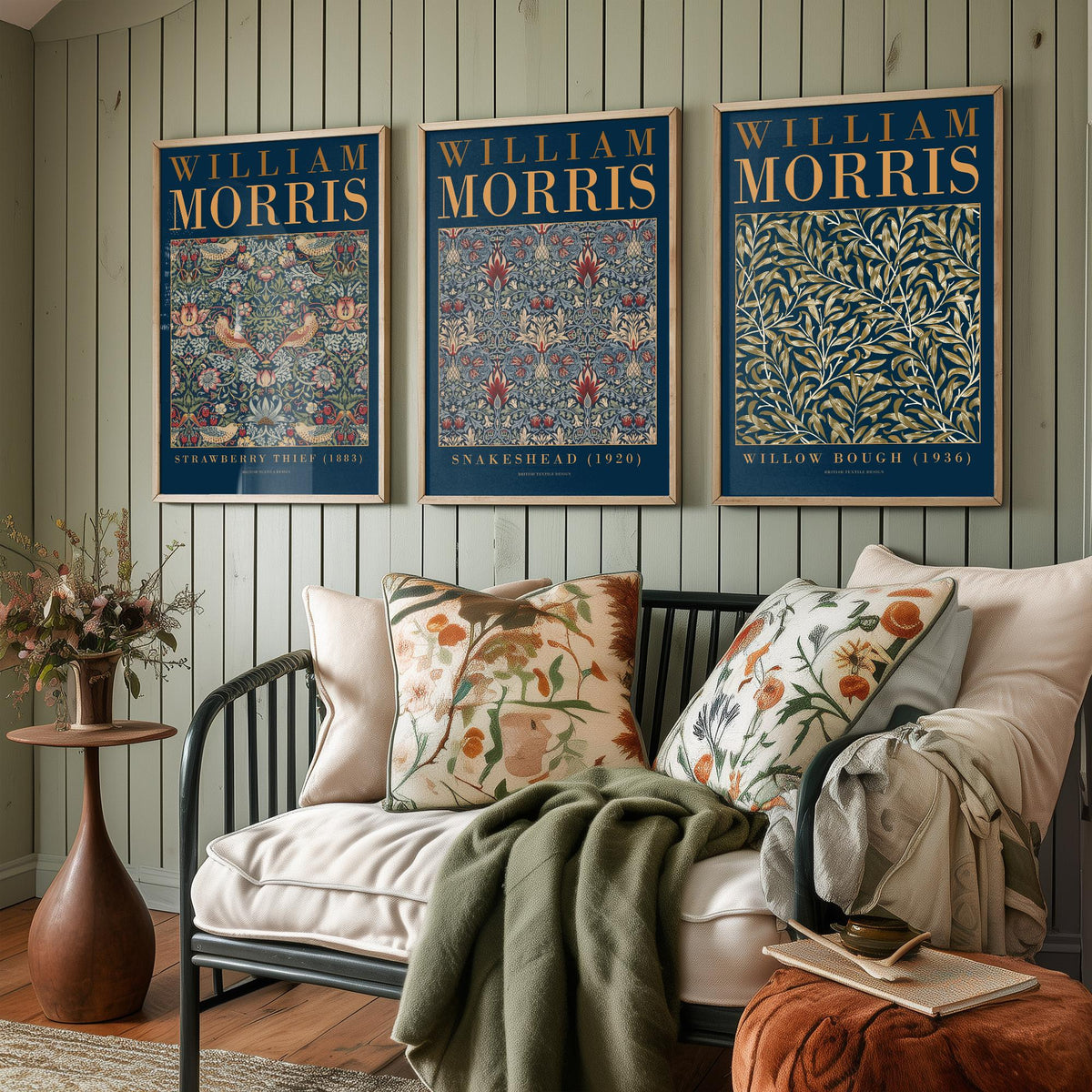 William Morris Snakeshead Set of Three Art Prints - Strawberry Thief, Willow Bough - Navy Gold Museum Poster Illustration