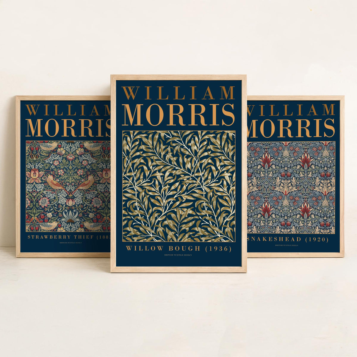 William Morris Snakeshead Set of Three Art Prints - Strawberry Thief, Willow Bough - Navy Gold Museum Poster Illustration