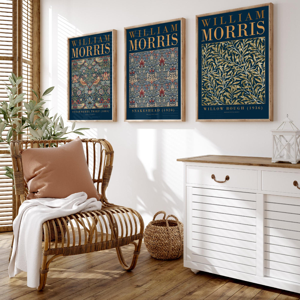 William Morris Snakeshead Set of Three Art Prints - Strawberry Thief, Willow Bough - Navy Gold Museum Poster Illustration