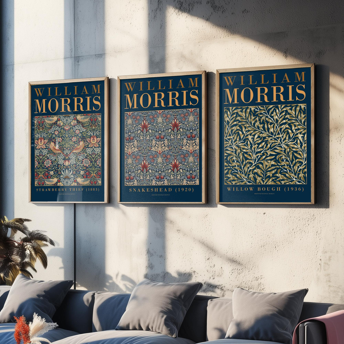 William Morris Snakeshead Set of Three Art Prints - Strawberry Thief, Willow Bough - Navy Gold Museum Poster Illustration