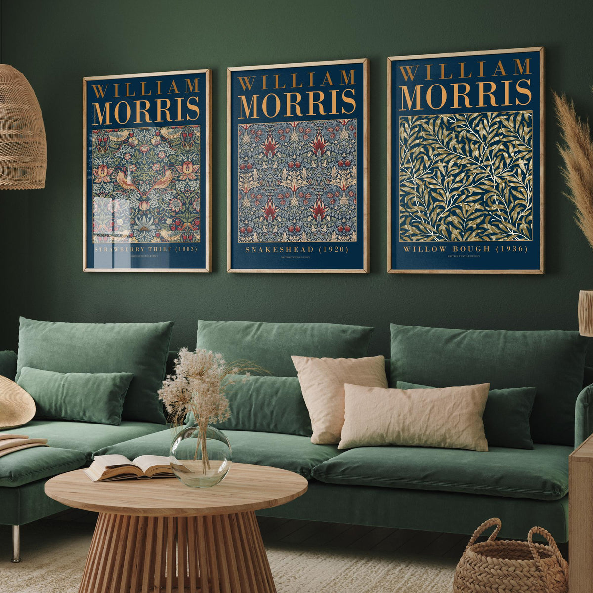 William Morris Snakeshead Set of Three Art Prints - Strawberry Thief, Willow Bough - Navy Gold Museum Poster Illustration