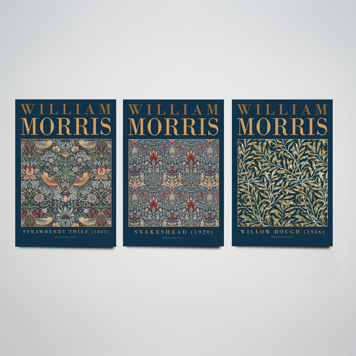 William Morris Snakeshead Set of Three Art Prints - Strawberry Thief, Willow Bough - Navy Gold Museum Poster Illustration