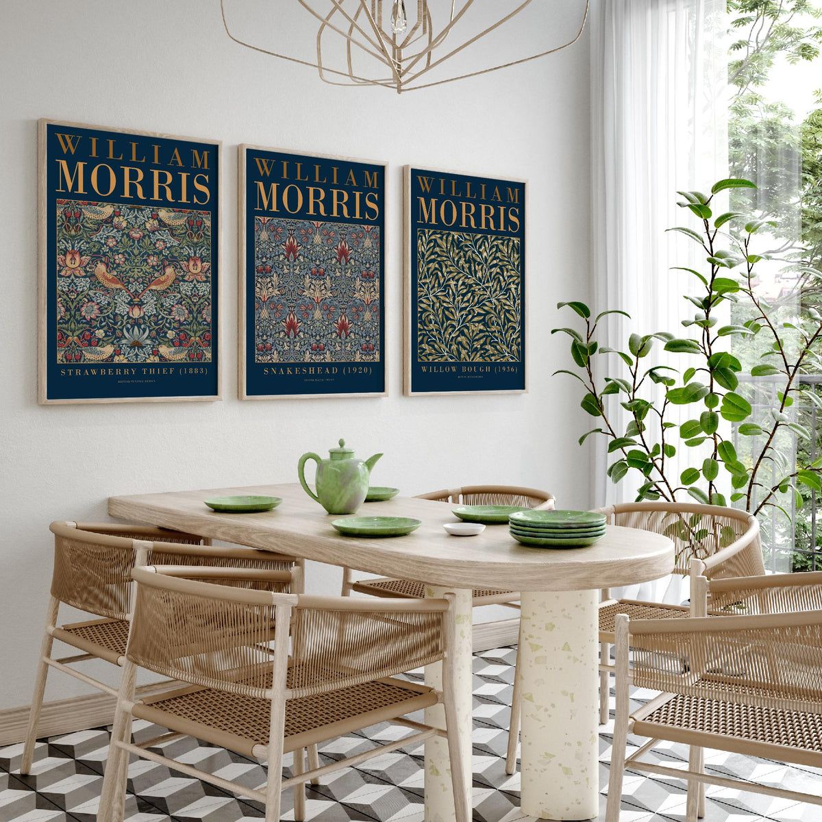 William Morris Snakeshead Set of Three Art Prints - Strawberry Thief, Willow Bough - Navy Gold Museum Poster Illustration
