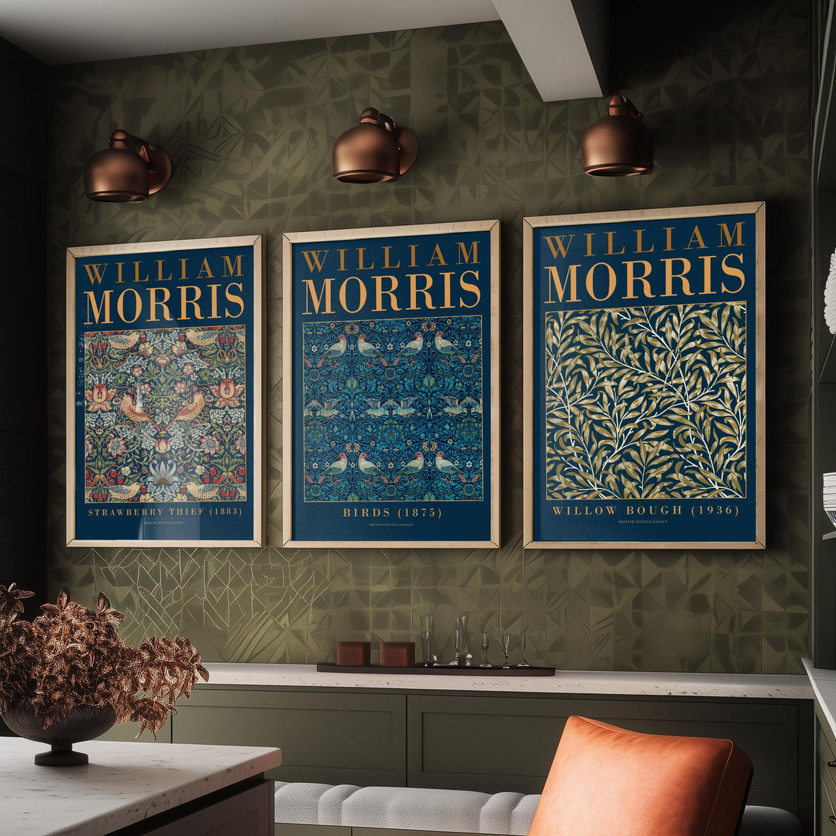 William Morris Birds Set of Three Art Prints - Strawberry Thief, Willow Bough - Teal Navy Bird Pattern Poster Illustration