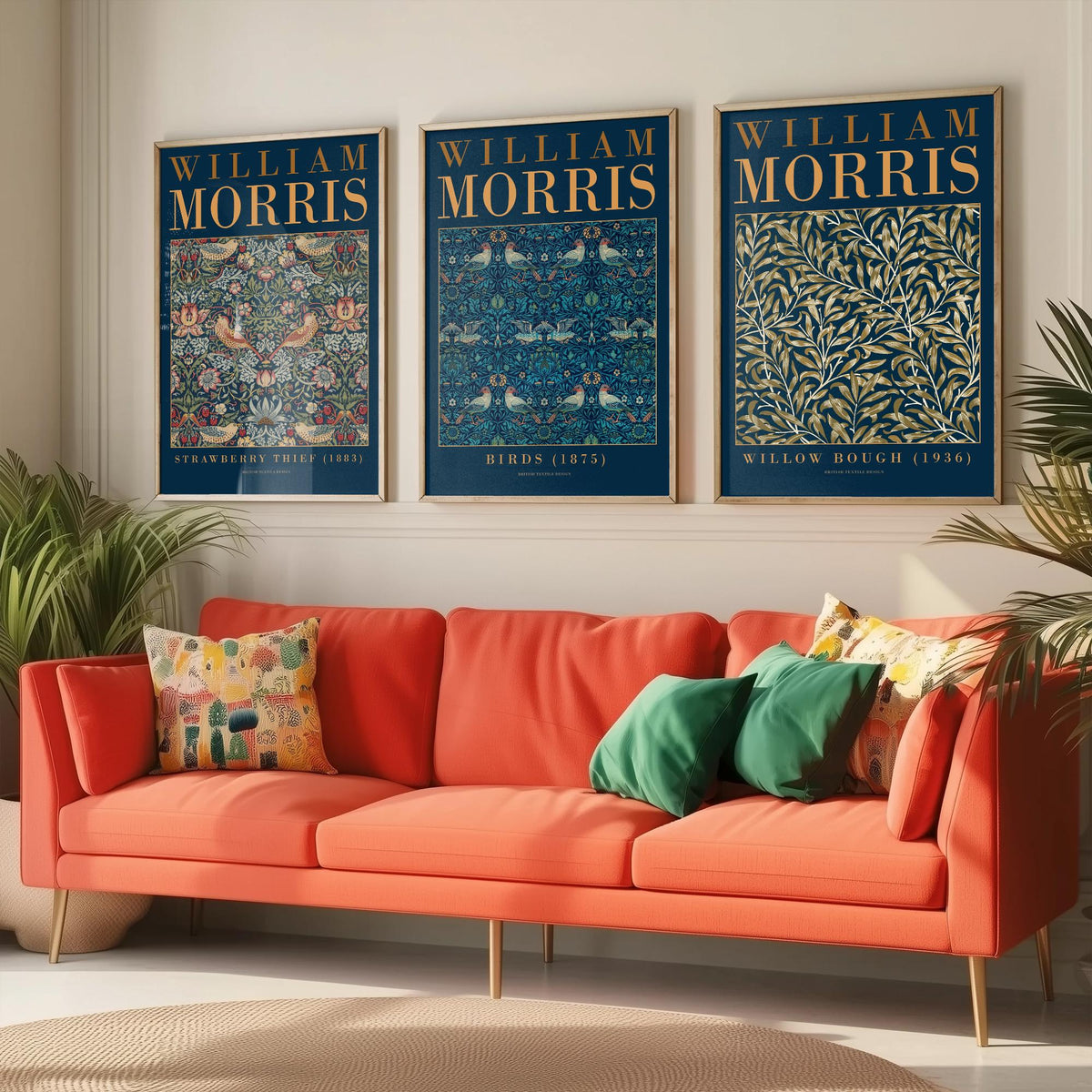 William Morris Birds Set of Three Art Prints - Strawberry Thief, Willow Bough - Teal Navy Bird Pattern Poster Illustration