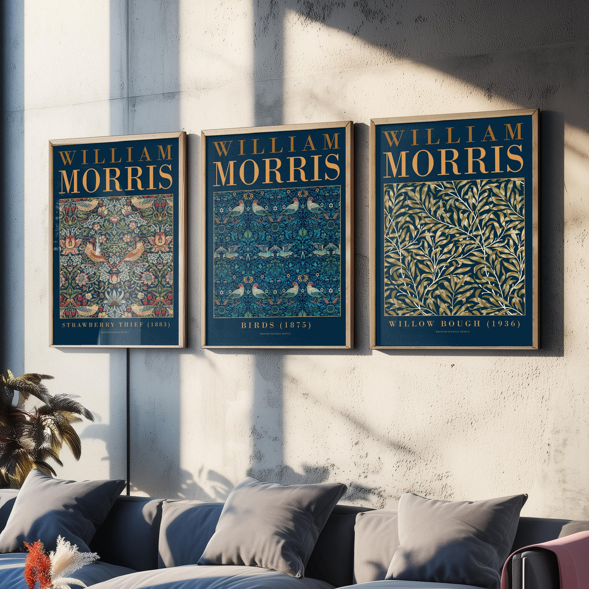 William Morris Birds Set of Three Art Prints - Strawberry Thief, Willow Bough - Teal Navy Bird Pattern Poster Illustration