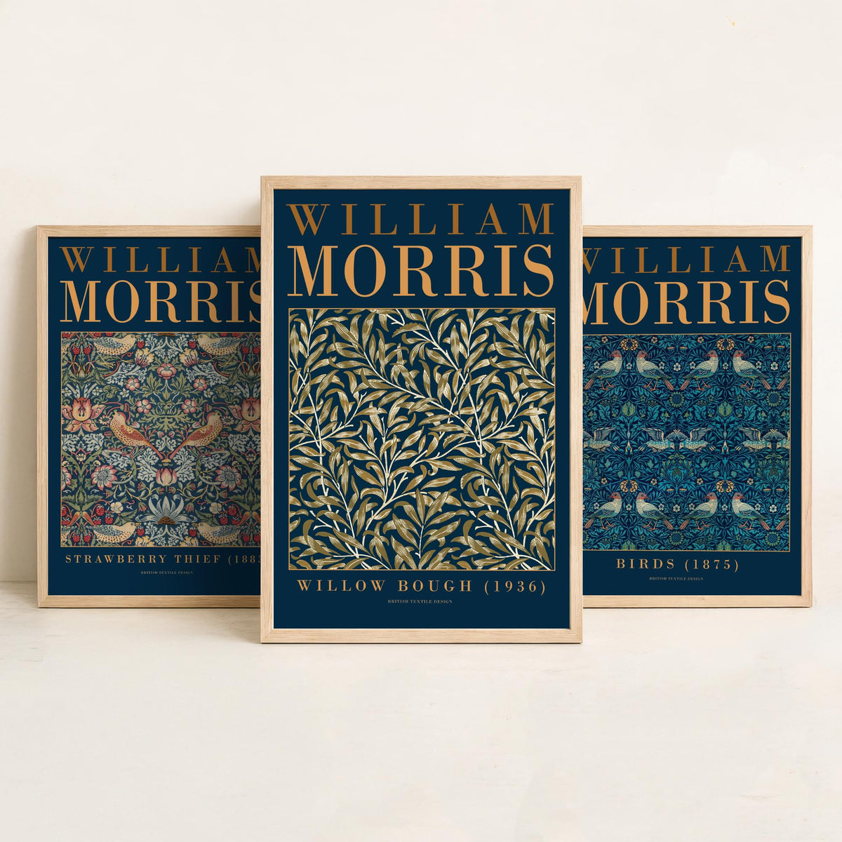 William Morris Birds Set of Three Art Prints - Strawberry Thief, Willow Bough - Teal Navy Bird Pattern Poster Illustration