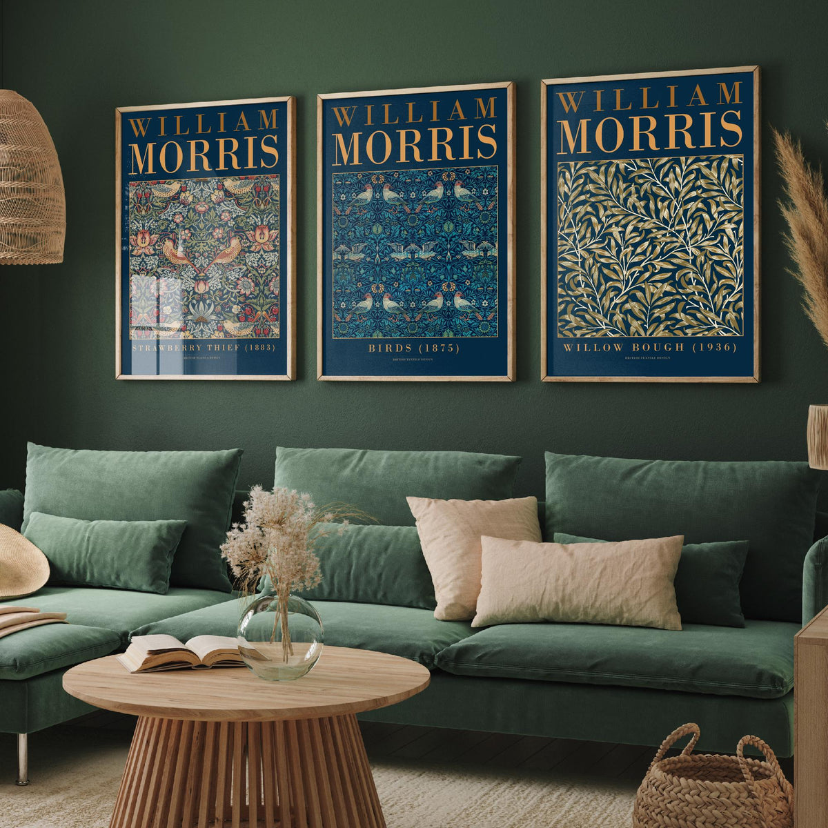 William Morris Birds Set of Three Art Prints - Strawberry Thief, Willow Bough - Teal Navy Bird Pattern Poster Illustration