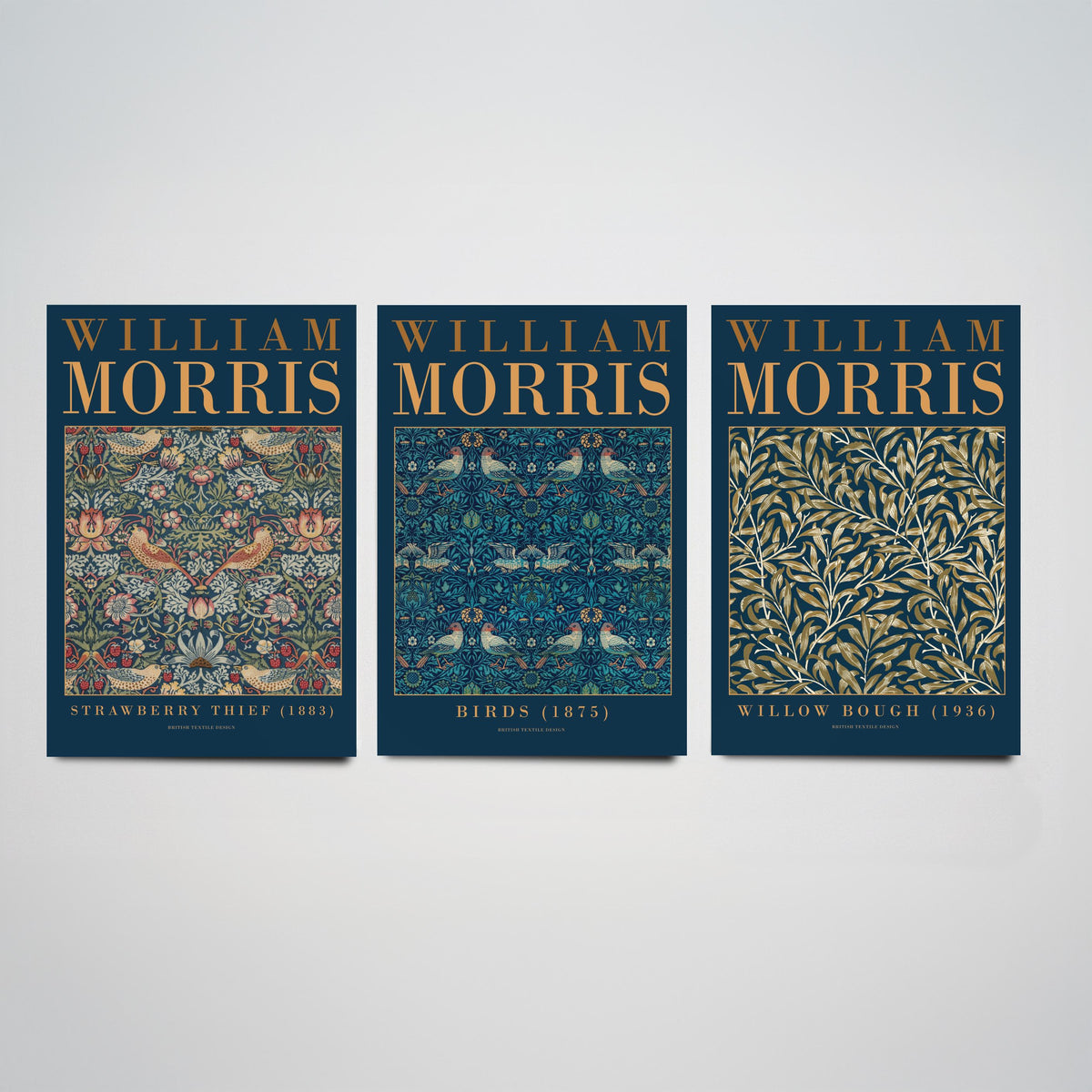 William Morris Birds Set of Three Art Prints - Strawberry Thief, Willow Bough - Teal Navy Bird Pattern Poster Illustration