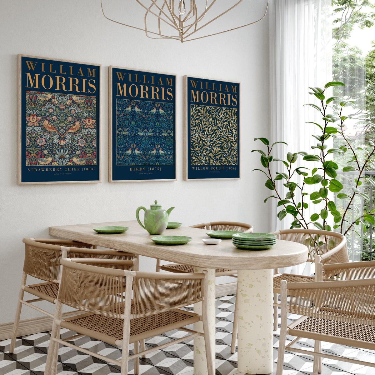 William Morris Birds Set of Three Art Prints - Strawberry Thief, Willow Bough - Teal Navy Bird Pattern Poster Illustration