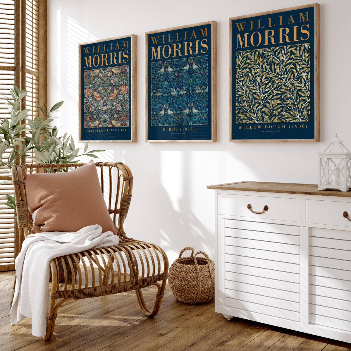 William Morris Birds Set of Three Art Prints - Strawberry Thief, Willow Bough - Teal Navy Bird Pattern Poster Illustration