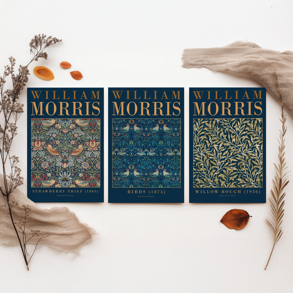 William Morris Birds Set of Three Art Prints - Strawberry Thief, Willow Bough - Teal Navy Bird Pattern Poster Illustration