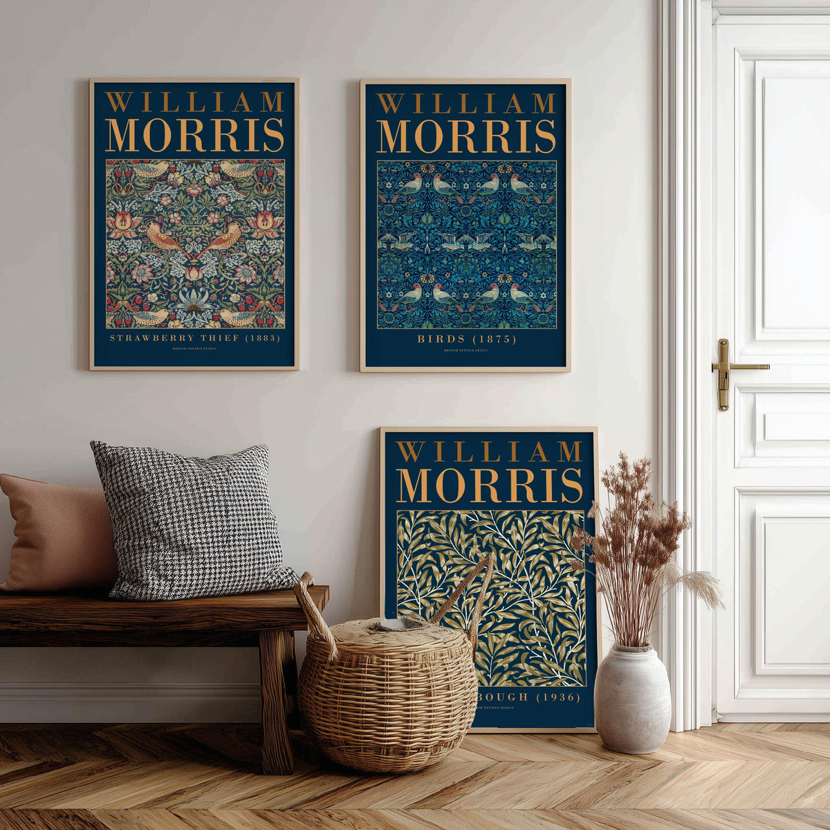 William Morris Birds Set of Three Art Prints - Strawberry Thief, Willow Bough - Teal Navy Bird Pattern Poster Illustration