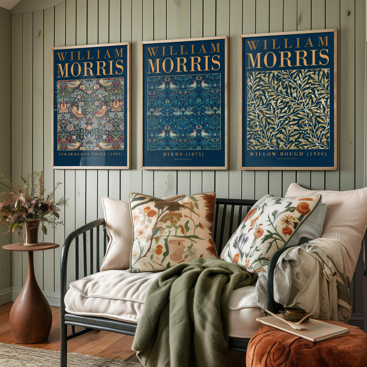 William Morris Birds Set of Three Art Prints - Strawberry Thief, Willow Bough - Teal Navy Bird Pattern Poster Illustration