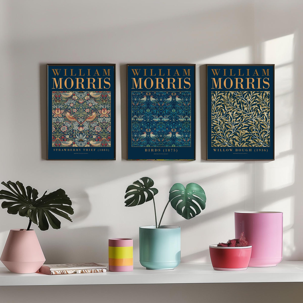 William Morris Birds Set of Three Art Prints - Strawberry Thief, Willow Bough - Teal Navy Bird Pattern Poster Illustration