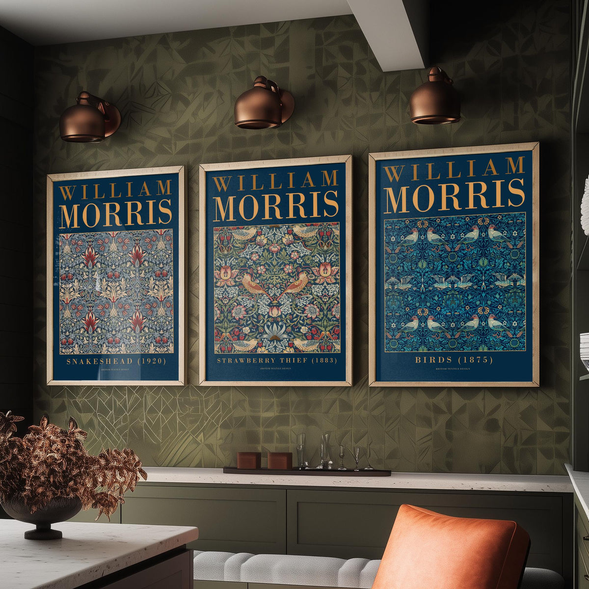 William Morris Blue Set of Three Art Prints - Snakeshead, Strawberry Thief, Birds - Indigo Textile Poster Illustration