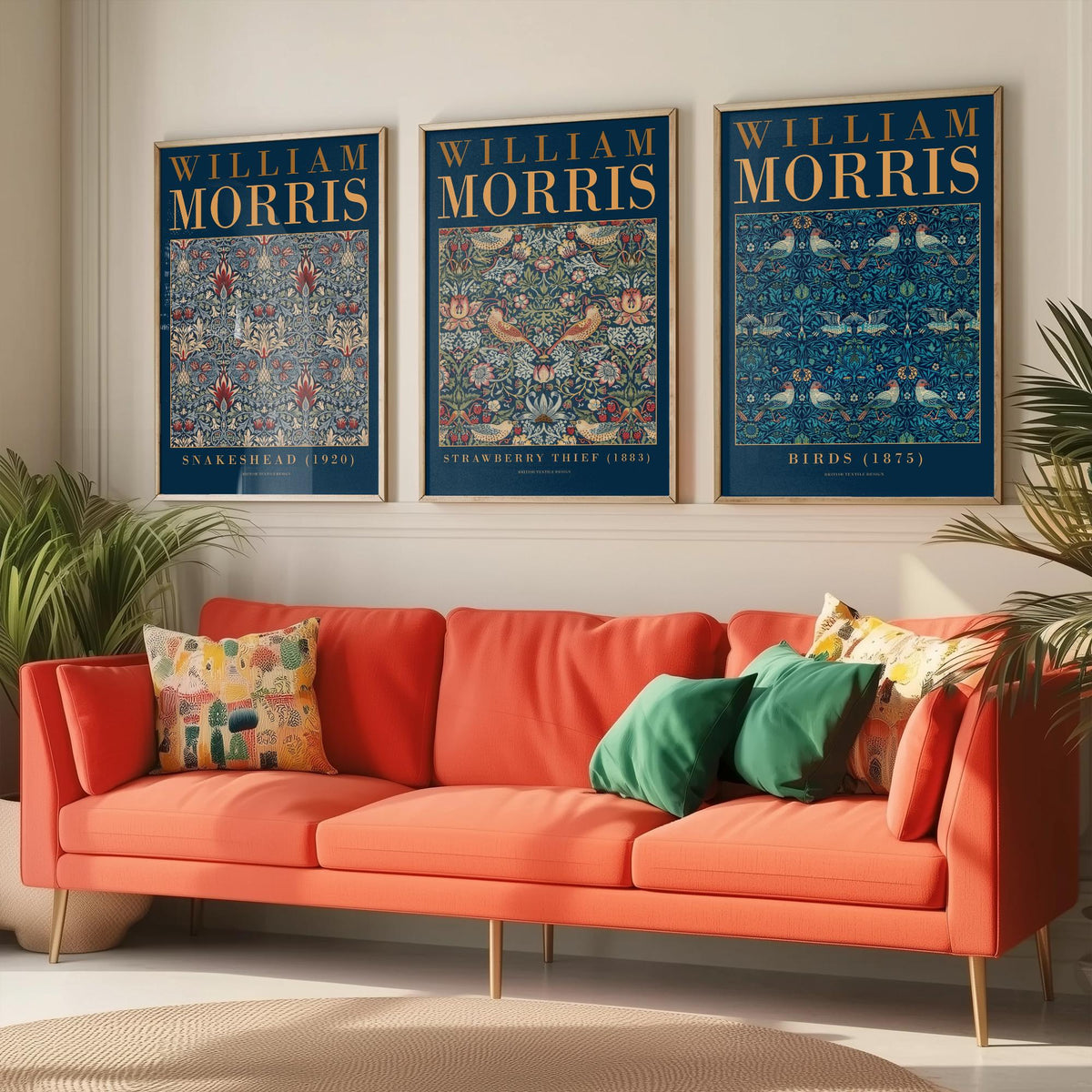 William Morris Blue Set of Three Art Prints - Snakeshead, Strawberry Thief, Birds - Indigo Textile Poster Illustration