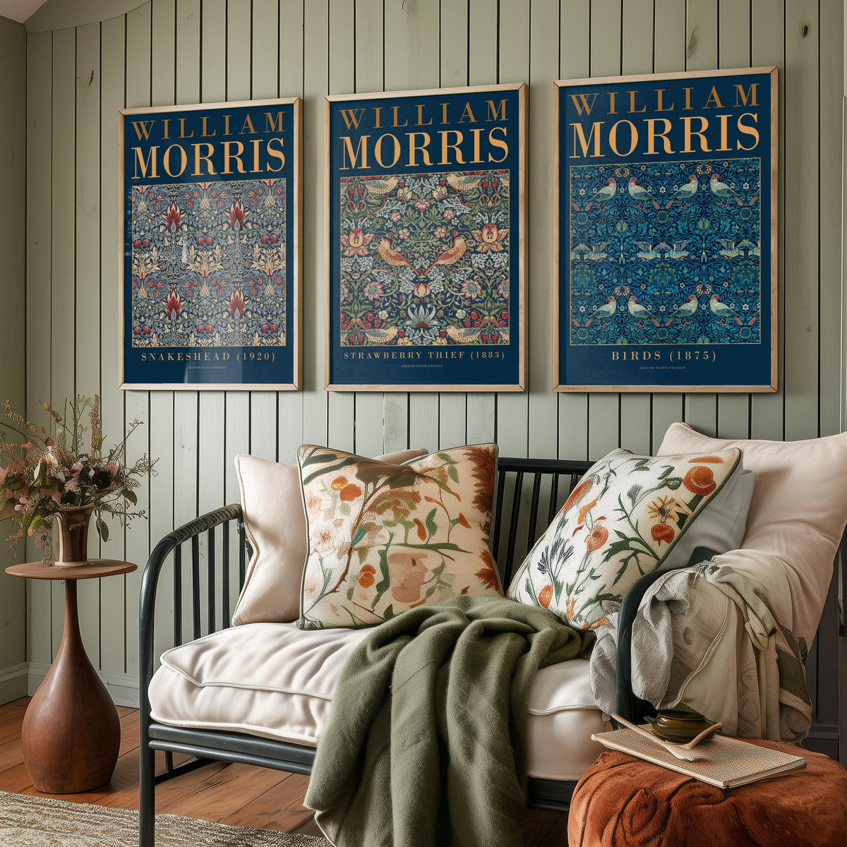 William Morris Blue Set of Three Art Prints - Snakeshead, Strawberry Thief, Birds - Indigo Textile Poster Illustration