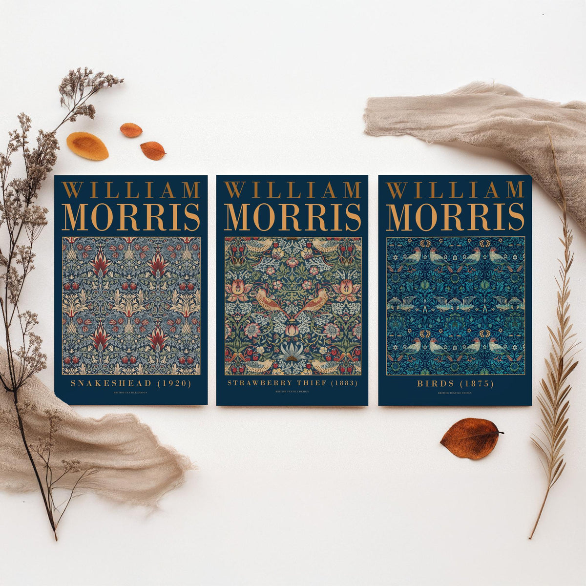 William Morris Blue Set of Three Art Prints - Snakeshead, Strawberry Thief, Birds - Indigo Textile Poster Illustration