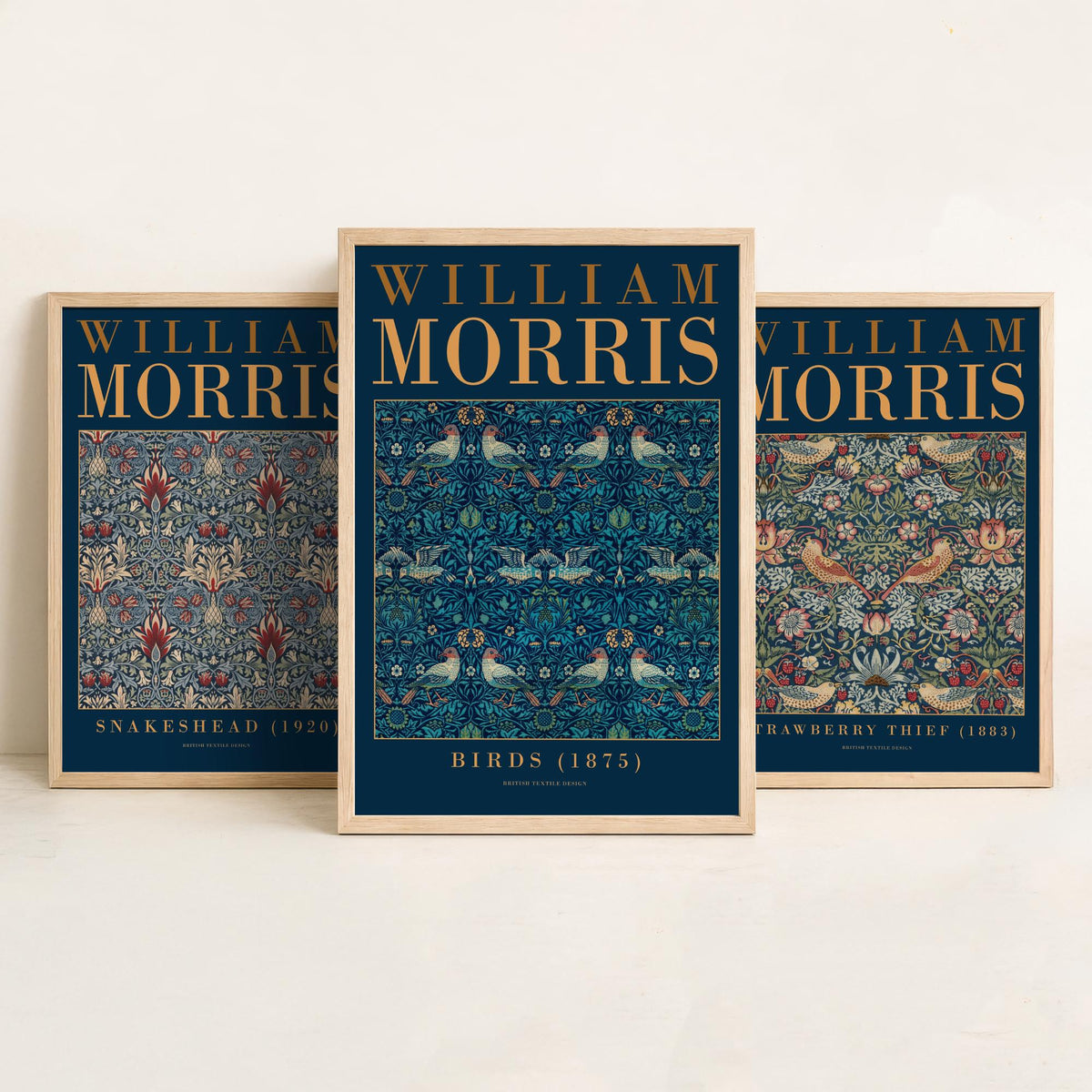 William Morris Blue Set of Three Art Prints - Snakeshead, Strawberry Thief, Birds - Indigo Textile Poster Illustration