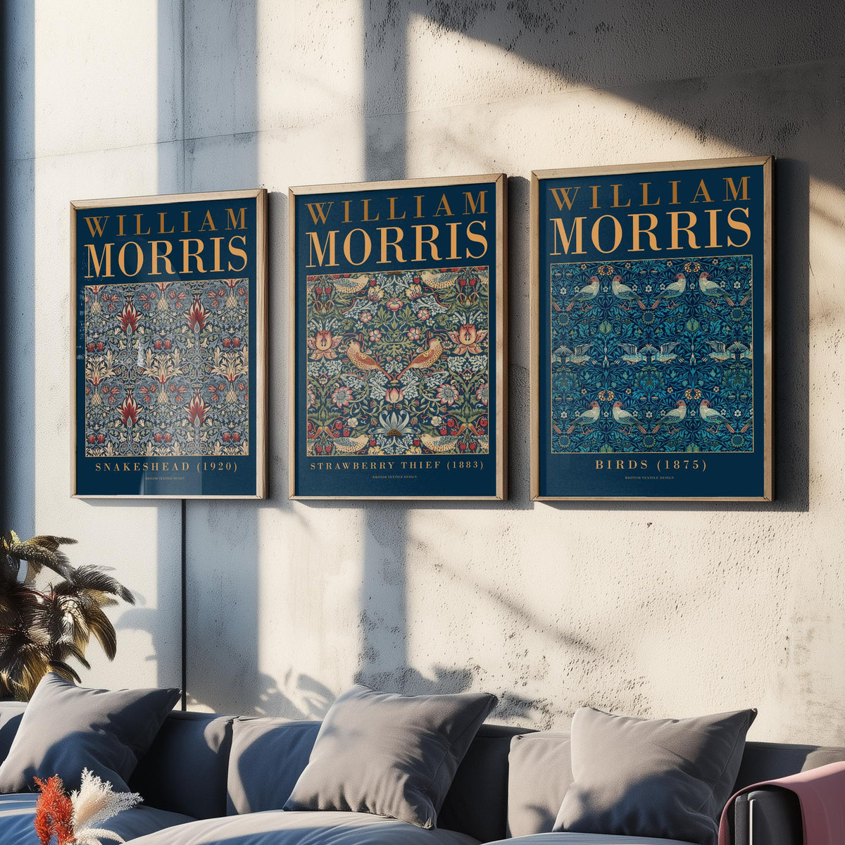 William Morris Blue Set of Three Art Prints - Snakeshead, Strawberry Thief, Birds - Indigo Textile Poster Illustration