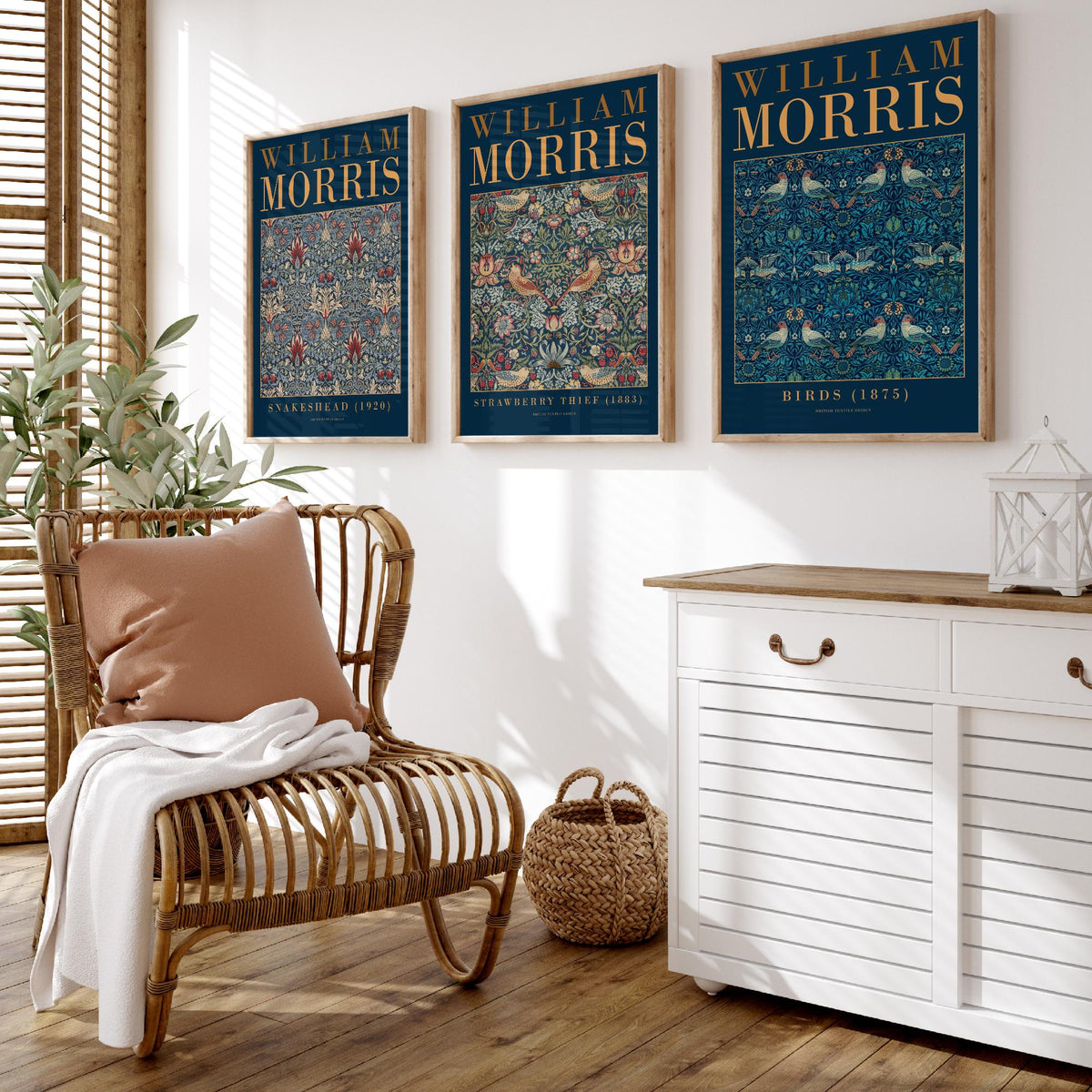 William Morris Blue Set of Three Art Prints - Snakeshead, Strawberry Thief, Birds - Indigo Textile Poster Illustration