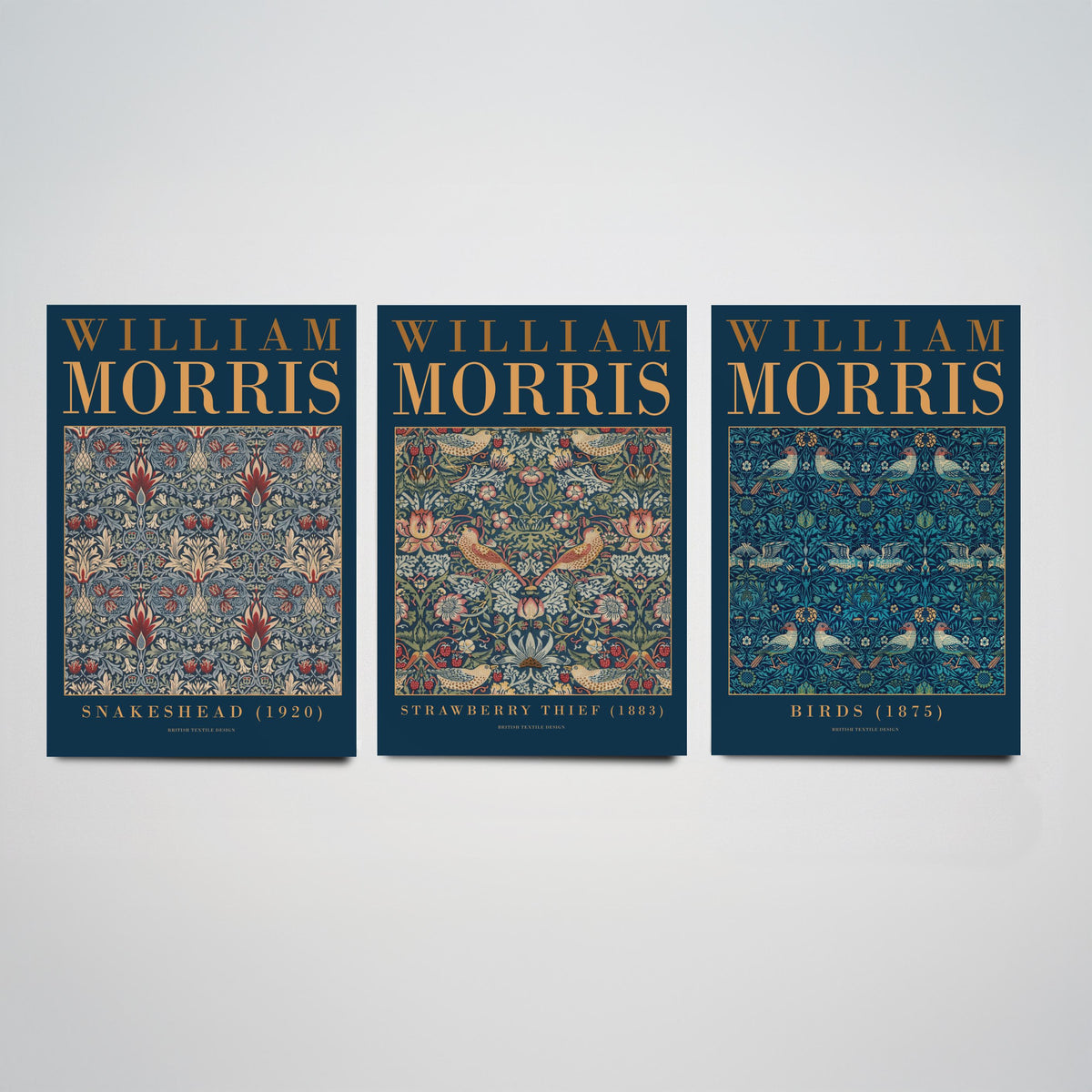William Morris Blue Set of Three Art Prints - Snakeshead, Strawberry Thief, Birds - Indigo Textile Poster Illustration