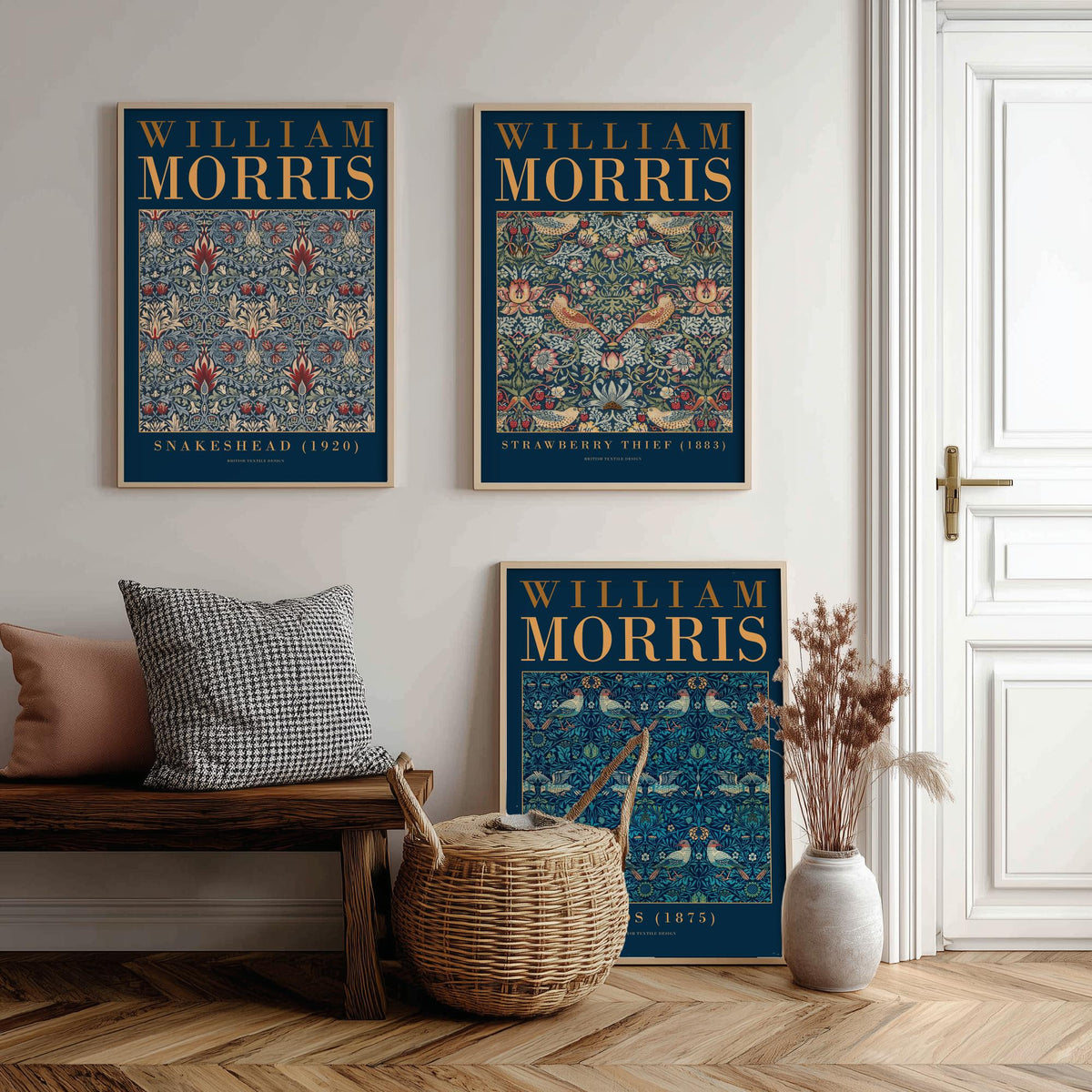 William Morris Blue Set of Three Art Prints - Snakeshead, Strawberry Thief, Birds - Indigo Textile Poster Illustration