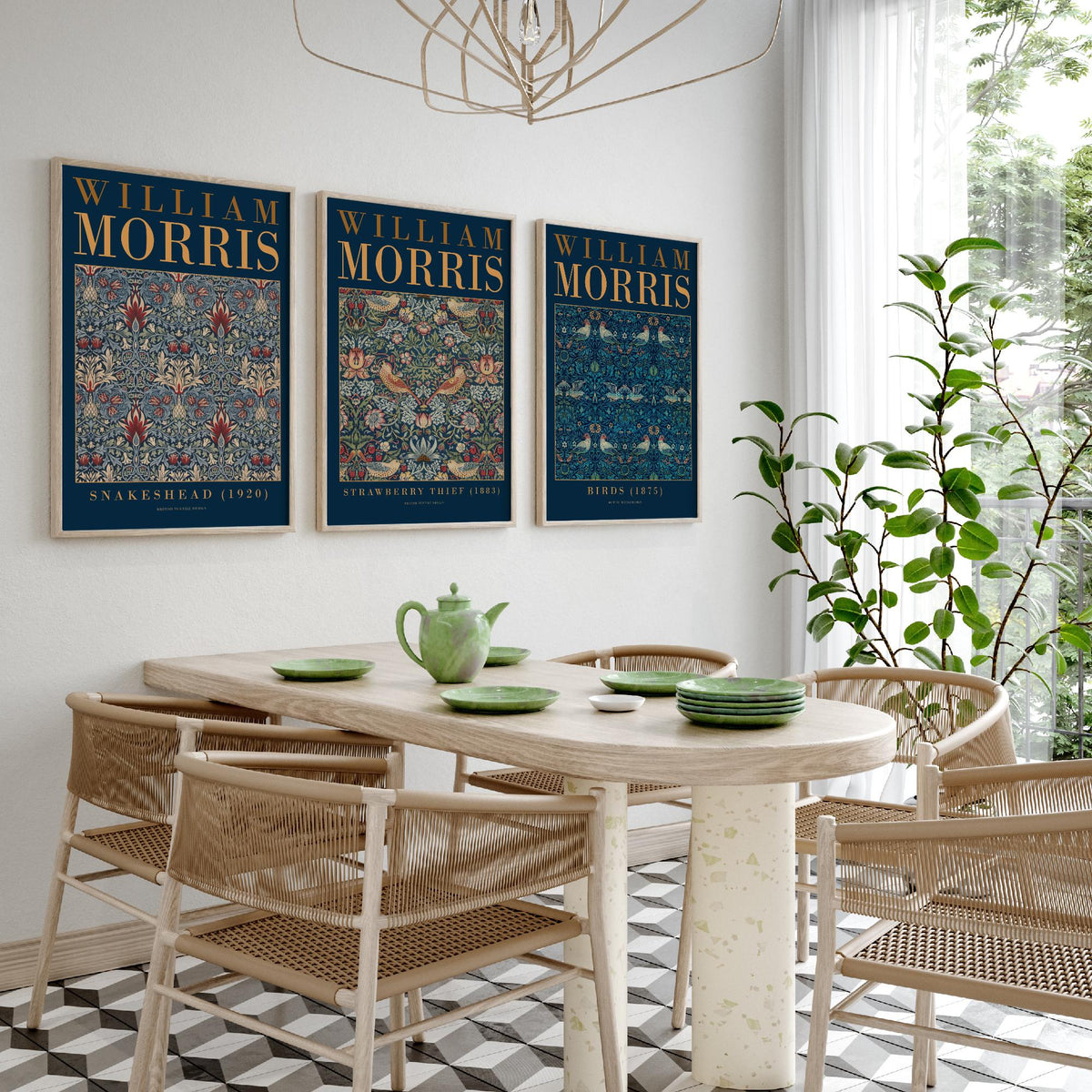 William Morris Blue Set of Three Art Prints - Snakeshead, Strawberry Thief, Birds - Indigo Textile Poster Illustration