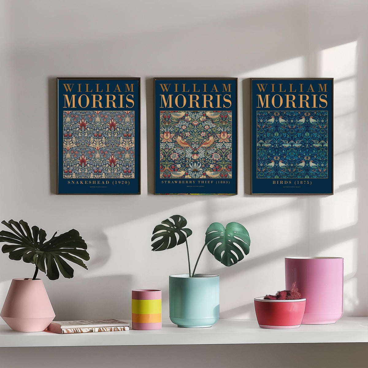 William Morris Blue Set of Three Art Prints - Snakeshead, Strawberry Thief, Birds - Indigo Textile Poster Illustration