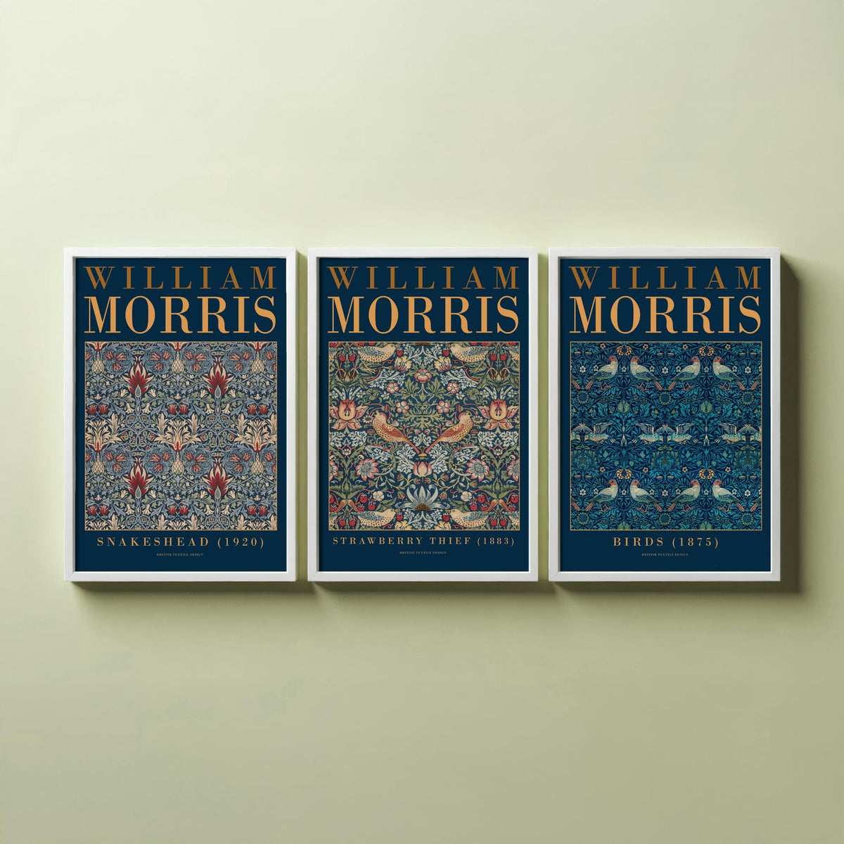 William Morris Blue Set of Three Art Prints - Snakeshead, Strawberry Thief, Birds - Indigo Textile Poster Illustration