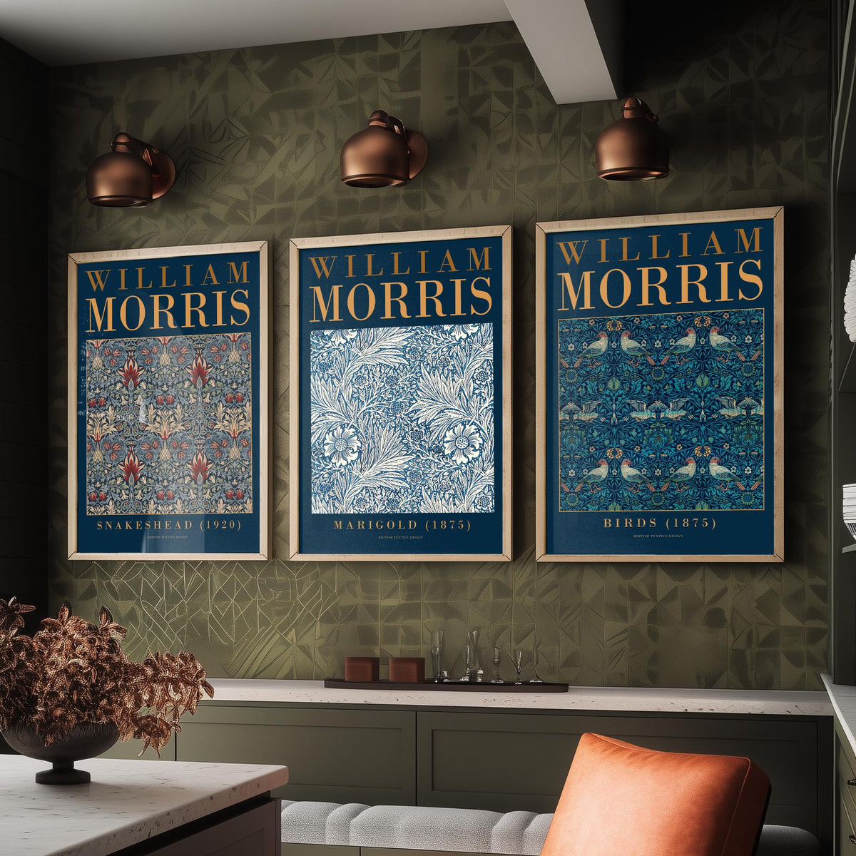 William Morris Marigold Set of Three Art Prints - Snakeshead, Birds - Blue and White Floral Wallpaper Poster Illustration