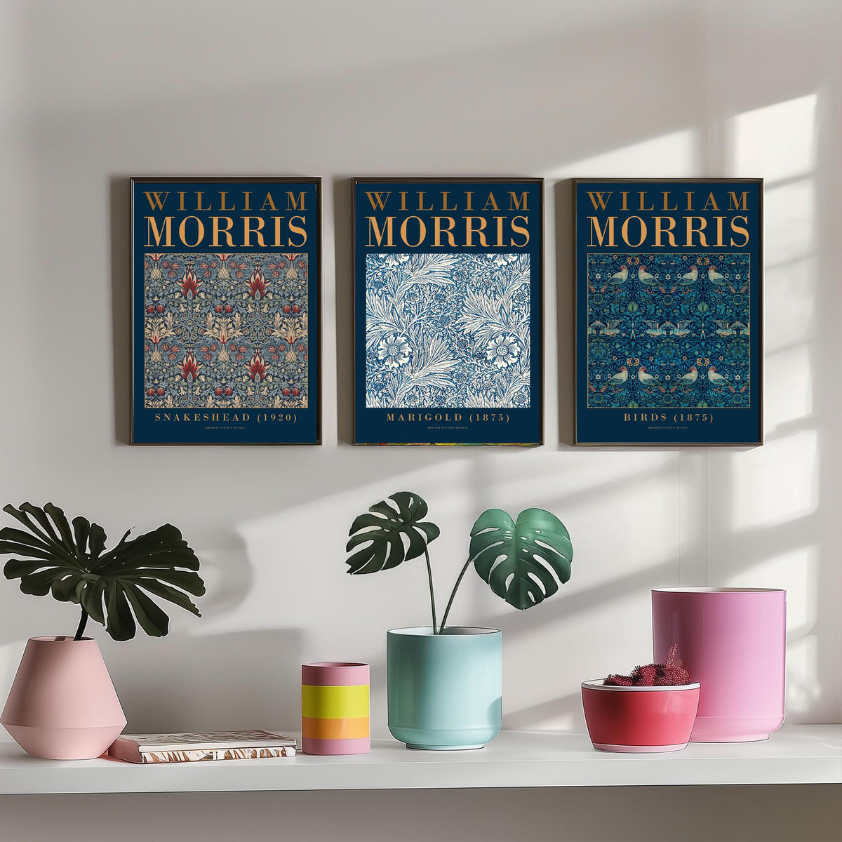 William Morris Marigold Set of Three Art Prints - Snakeshead, Birds - Blue and White Floral Wallpaper Poster Illustration