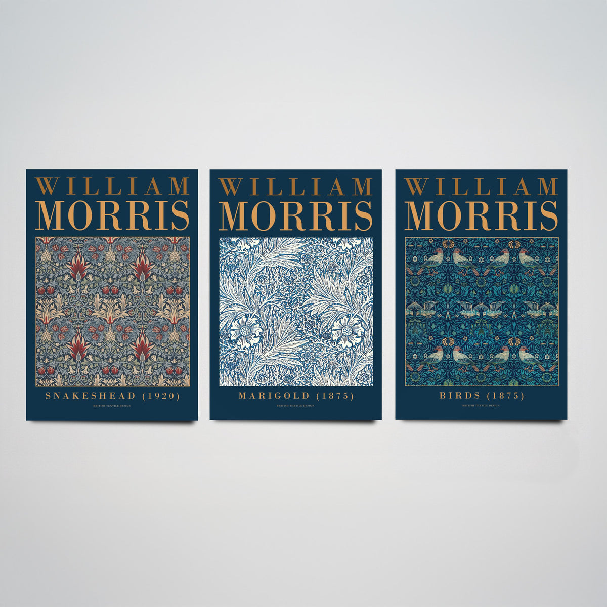 William Morris Marigold Set of Three Art Prints - Snakeshead, Birds - Blue and White Floral Wallpaper Poster Illustration