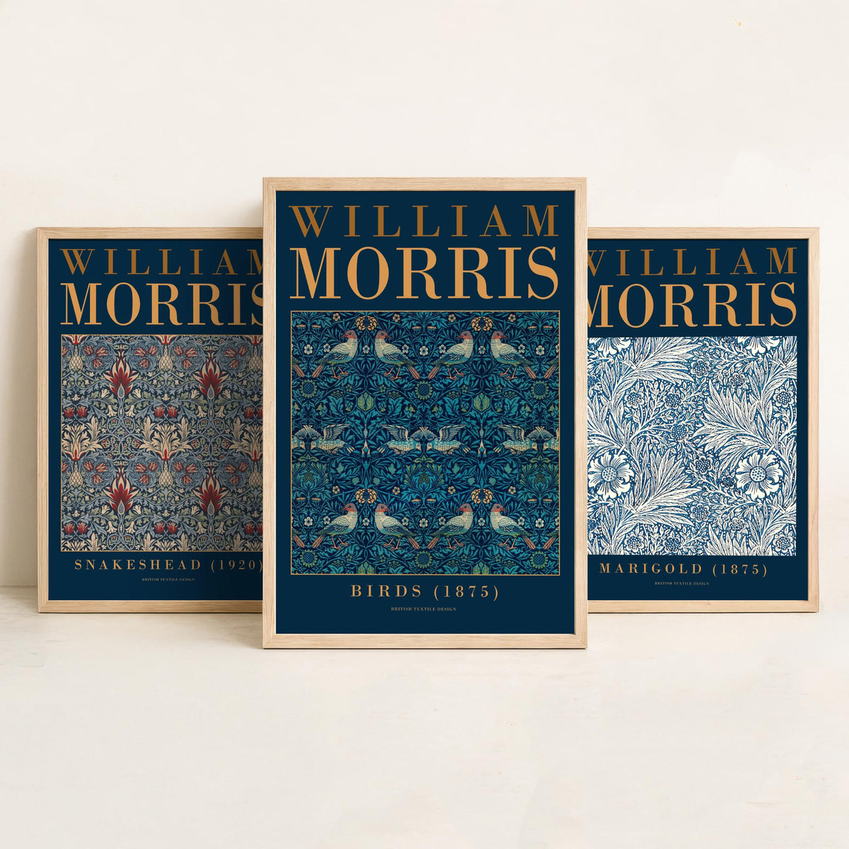 William Morris Marigold Set of Three Art Prints - Snakeshead, Birds - Blue and White Floral Wallpaper Poster Illustration