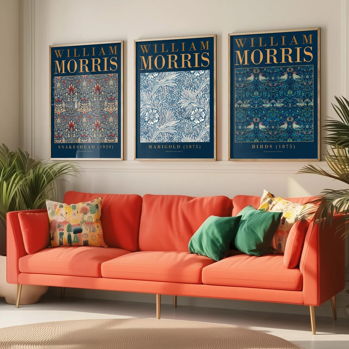 William Morris Marigold Set of Three Art Prints - Snakeshead, Birds - Blue and White Floral Wallpaper Poster Illustration