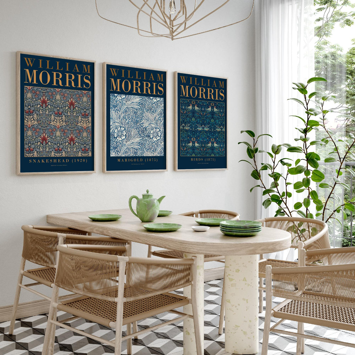 William Morris Marigold Set of Three Art Prints - Snakeshead, Birds - Blue and White Floral Wallpaper Poster Illustration
