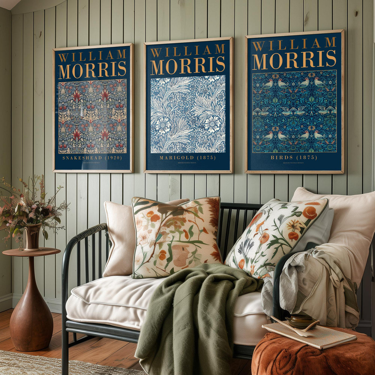 William Morris Marigold Set of Three Art Prints - Snakeshead, Birds - Blue and White Floral Wallpaper Poster Illustration