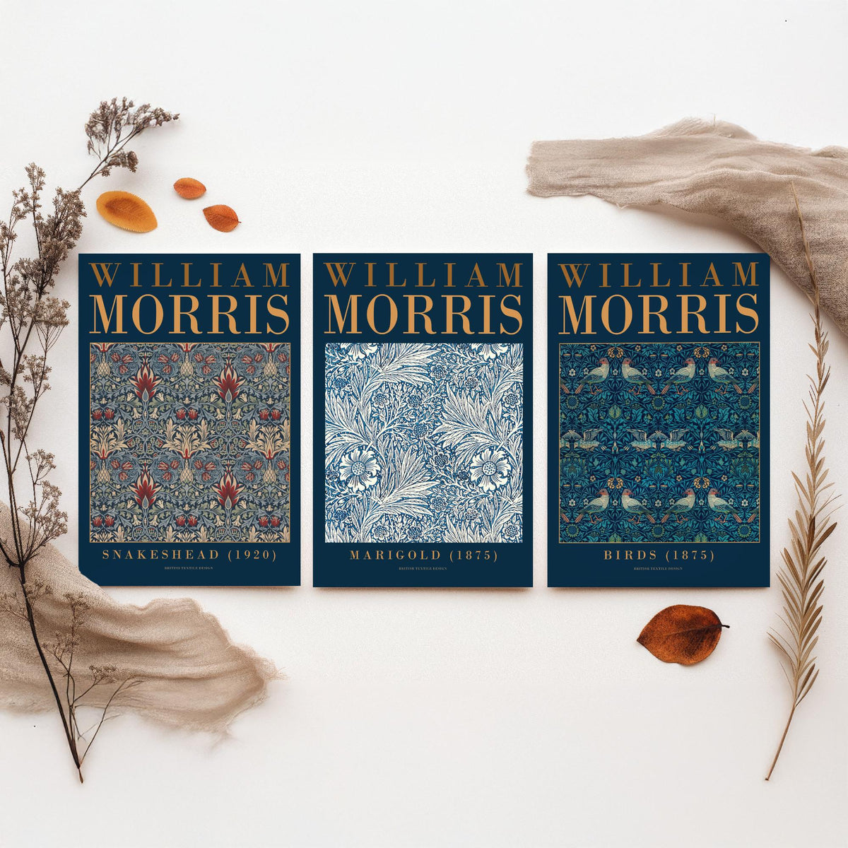 William Morris Marigold Set of Three Art Prints - Snakeshead, Birds - Blue and White Floral Wallpaper Poster Illustration