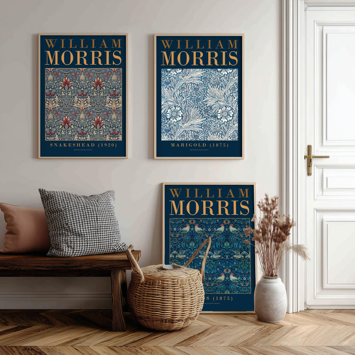 William Morris Marigold Set of Three Art Prints - Snakeshead, Birds - Blue and White Floral Wallpaper Poster Illustration