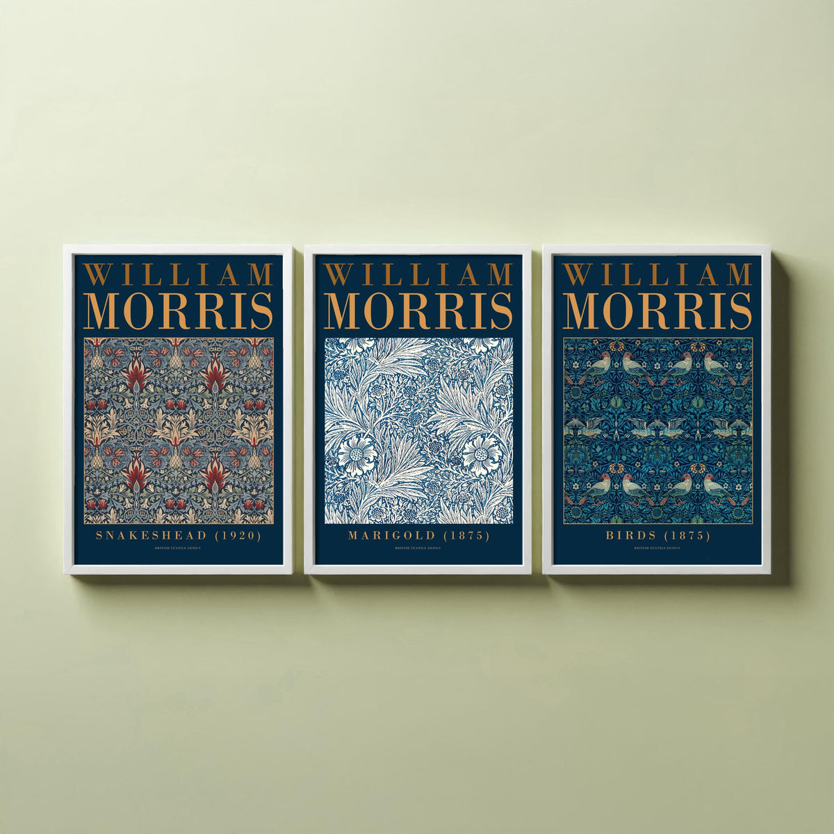 William Morris Marigold Set of Three Art Prints - Snakeshead, Birds - Blue and White Floral Wallpaper Poster Illustration