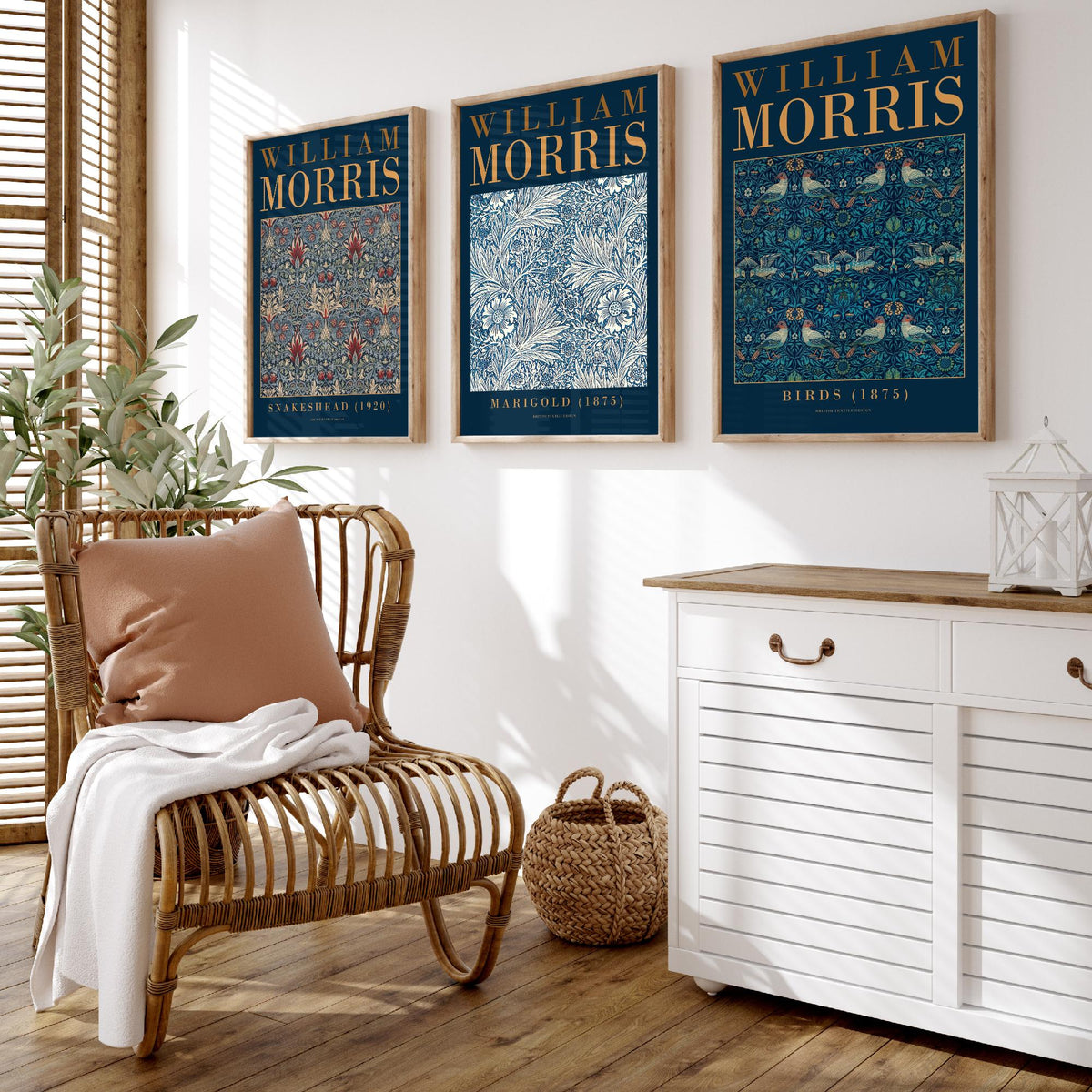 William Morris Marigold Set of Three Art Prints - Snakeshead, Birds - Blue and White Floral Wallpaper Poster Illustration