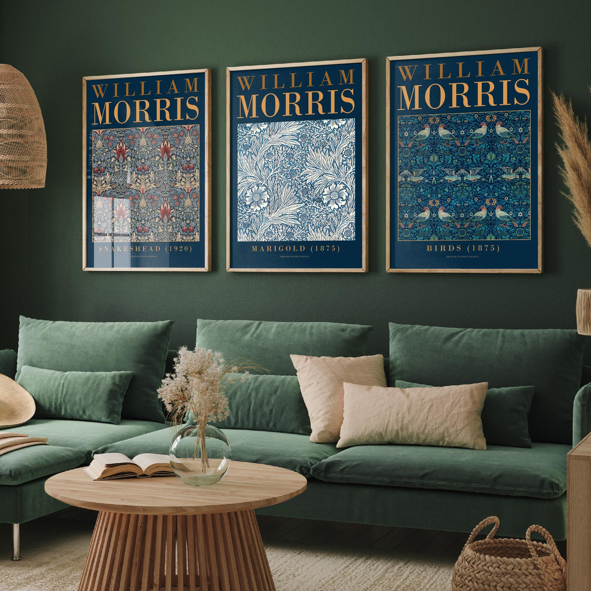 William Morris Marigold Set of Three Art Prints - Snakeshead, Birds - Blue and White Floral Wallpaper Poster Illustration
