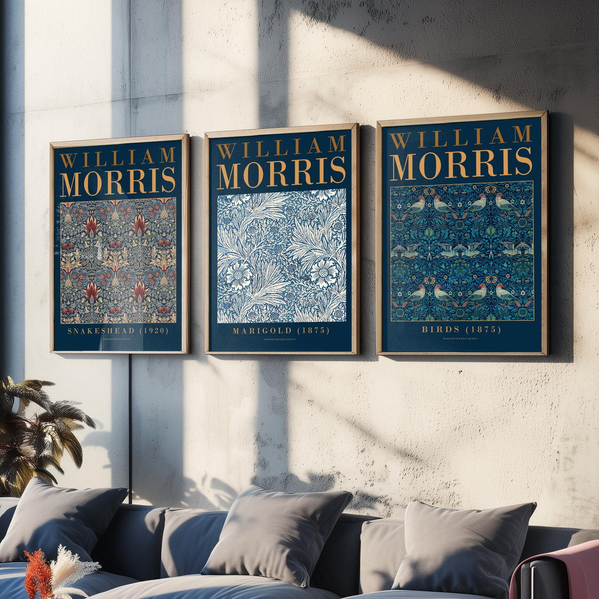 William Morris Marigold Set of Three Art Prints - Snakeshead, Birds - Blue and White Floral Wallpaper Poster Illustration