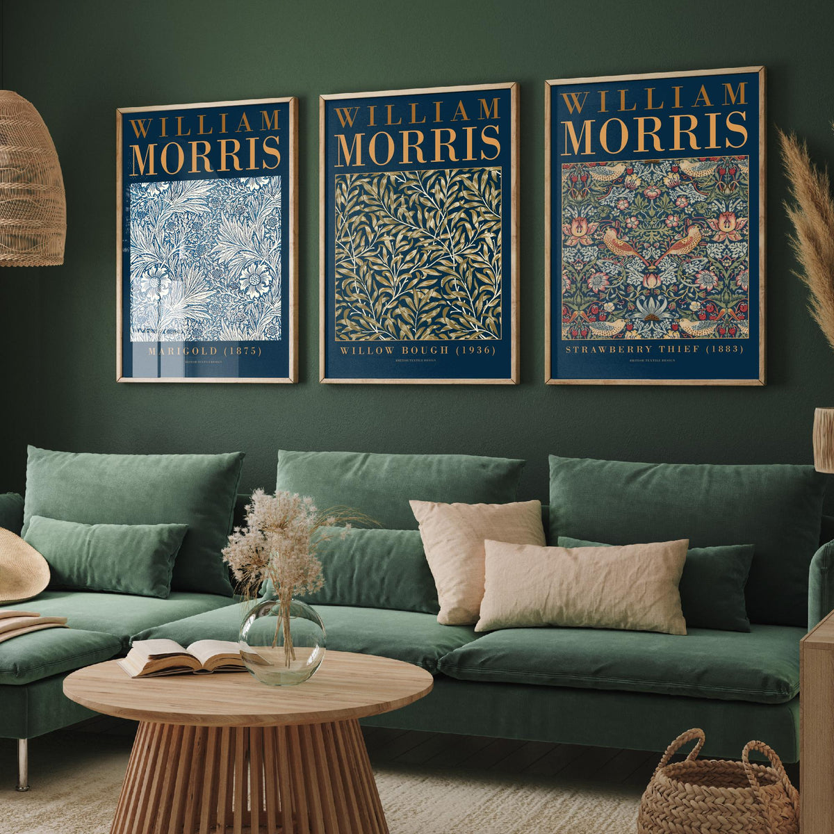 William Morris Willow Bough Set of Three Art Prints - Marigold, Strawberry Thief - Botanical Leaf Pattern Poster Illustration